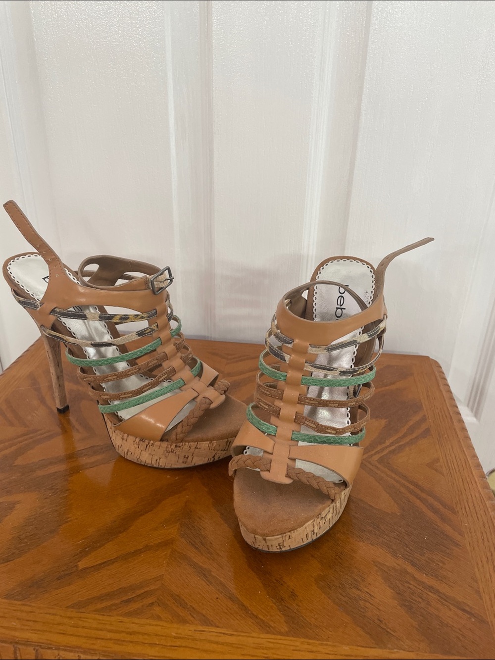bebe Tan Platform Strappy Heels with Green Accent Straps